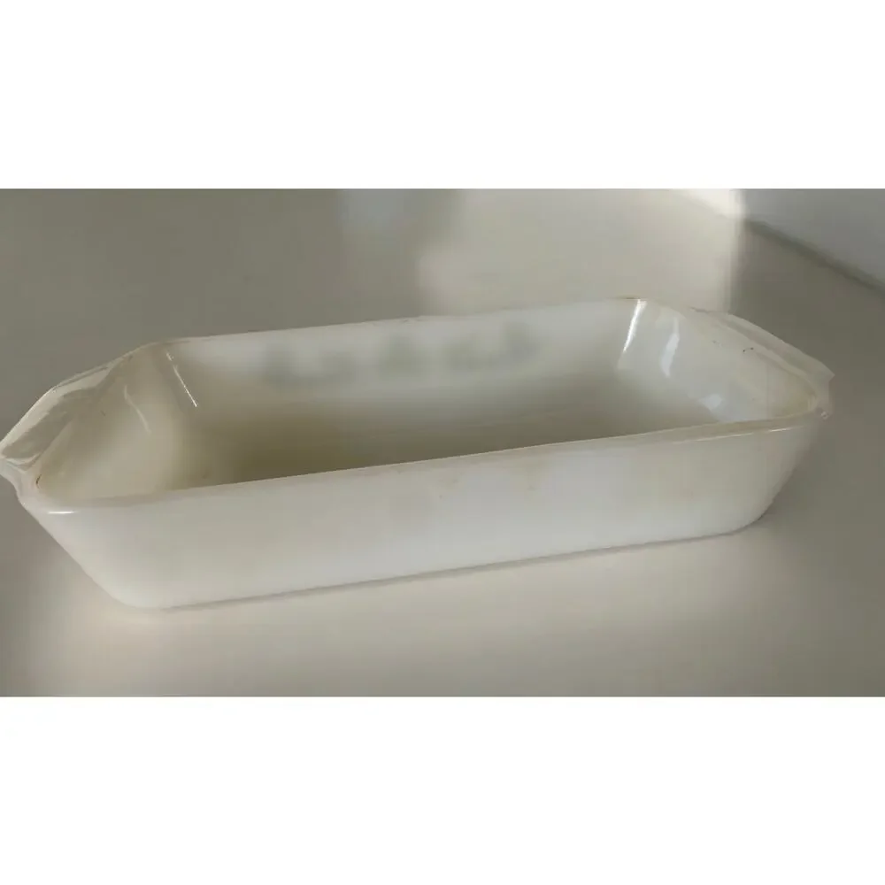 VINTAGE 70s Glasbake Green Floral Flower Print 1 QT Casserole Milk Glass Dish